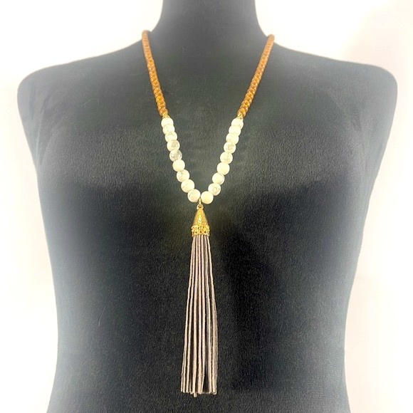 BCBG Long Tassel White,Grey Howlite & Wood, Necklace,Gold,Grey Suede Tassel,Boho - Picture 4 of 8